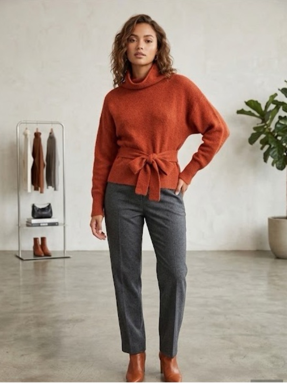 Line & Dot Oriana Tie-Waist Mock Neck Knit Sweater Orange Color Size Large NWT